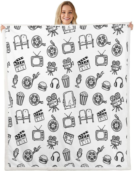 Feelyou Cinema Pattern Throw Blanket White Line Art Movie Soft Fleece Sherpa Cozy Fuzzy Plush Warm Retro Cinema Aesthetic Fuzzy Plush Throw Cute Movie Queen 90"x90" for Bed Couch Living Room