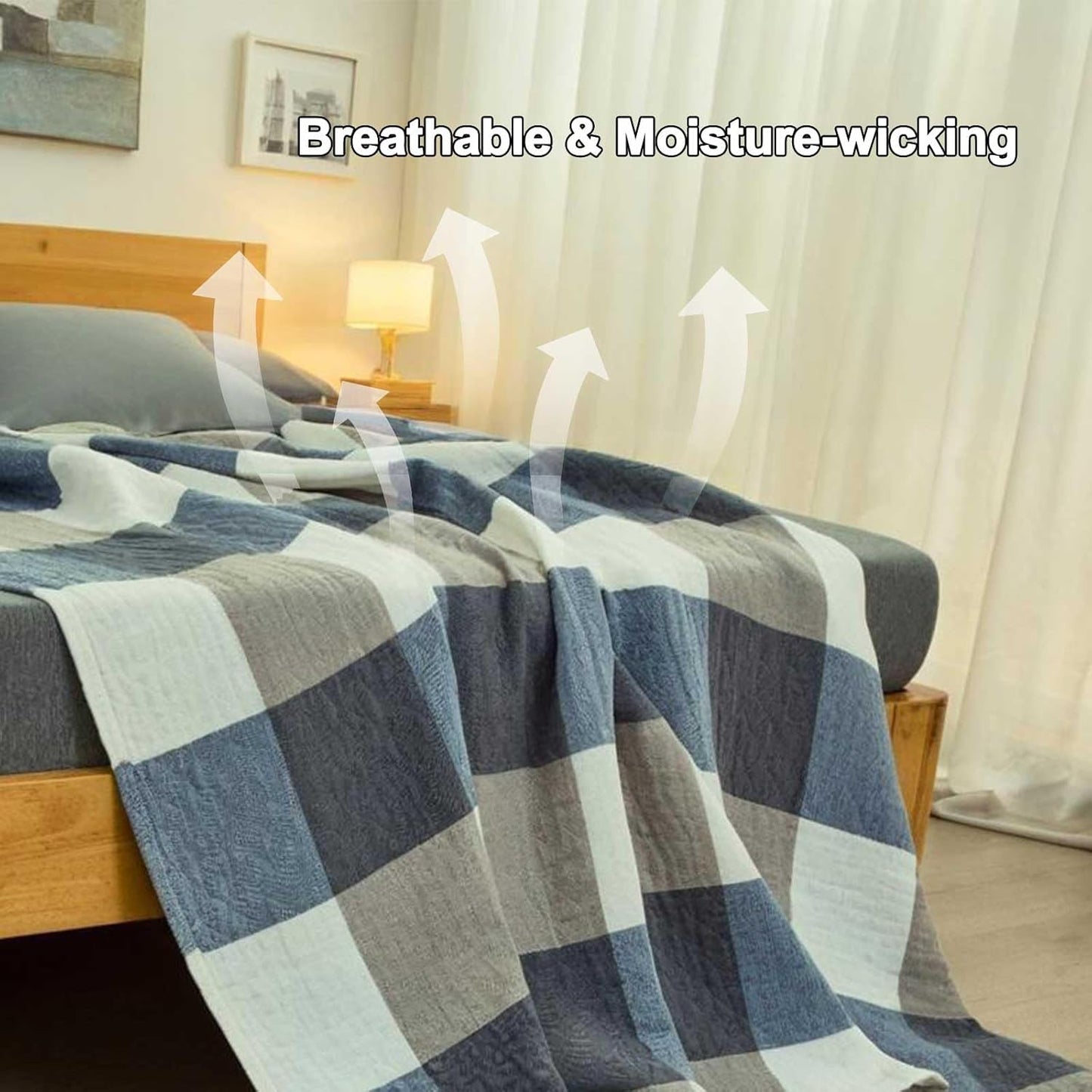 Checkered Throw Blanket, Soft Cozy Reversible 4 Layer Pre-Washed Cotton Blankets Lightweight Breathable Queen Throw Blanket BOR All Season,Blue Checkered, 60" X 80"