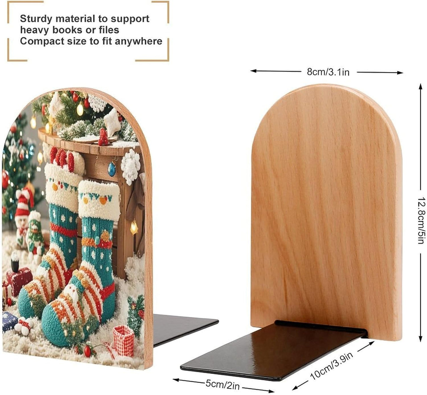 Cute Christmas Socks Bookends 1 Pair Heavy Duty Book Ends for Shelves Non-Skid Bookend Supports Wooden Book Holders with Metal Base Desk Organizers Books Storage to Hold Books