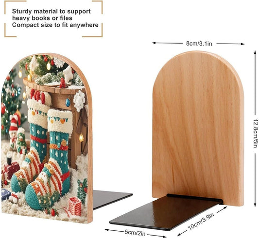 Cute Christmas Socks Bookends 1 Pair Heavy Duty Book Ends for Shelves Non-Skid Bookend Supports Wooden Book Holders with Metal Base Desk Organizers Books Storage to Hold Books