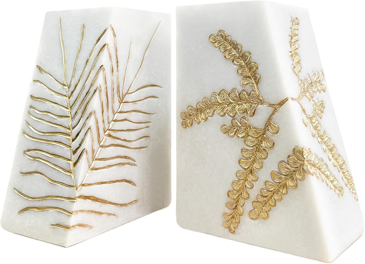 Heavy Duty Book Ends for Shelves, Decorative Book Ends for Heavy Books, Resin Modern Bookends with Marble Texture & Gold Botanical Detail, Minimalist Bookends for Home Decor, Set of 2