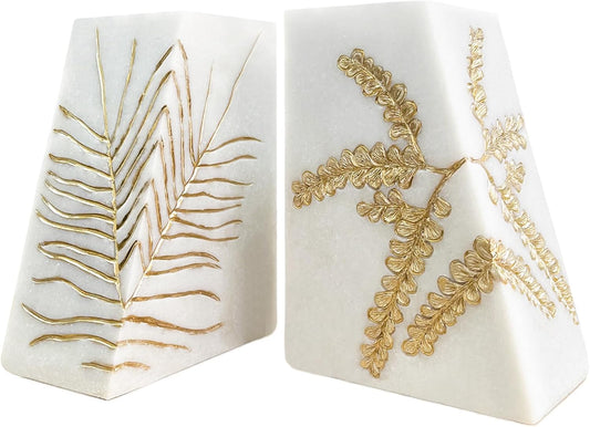Heavy Duty Book Ends for Shelves, Decorative Book Ends for Heavy Books, Resin Modern Bookends with Marble Texture & Gold Botanical Detail, Minimalist Bookends for Home Decor, Set of 2