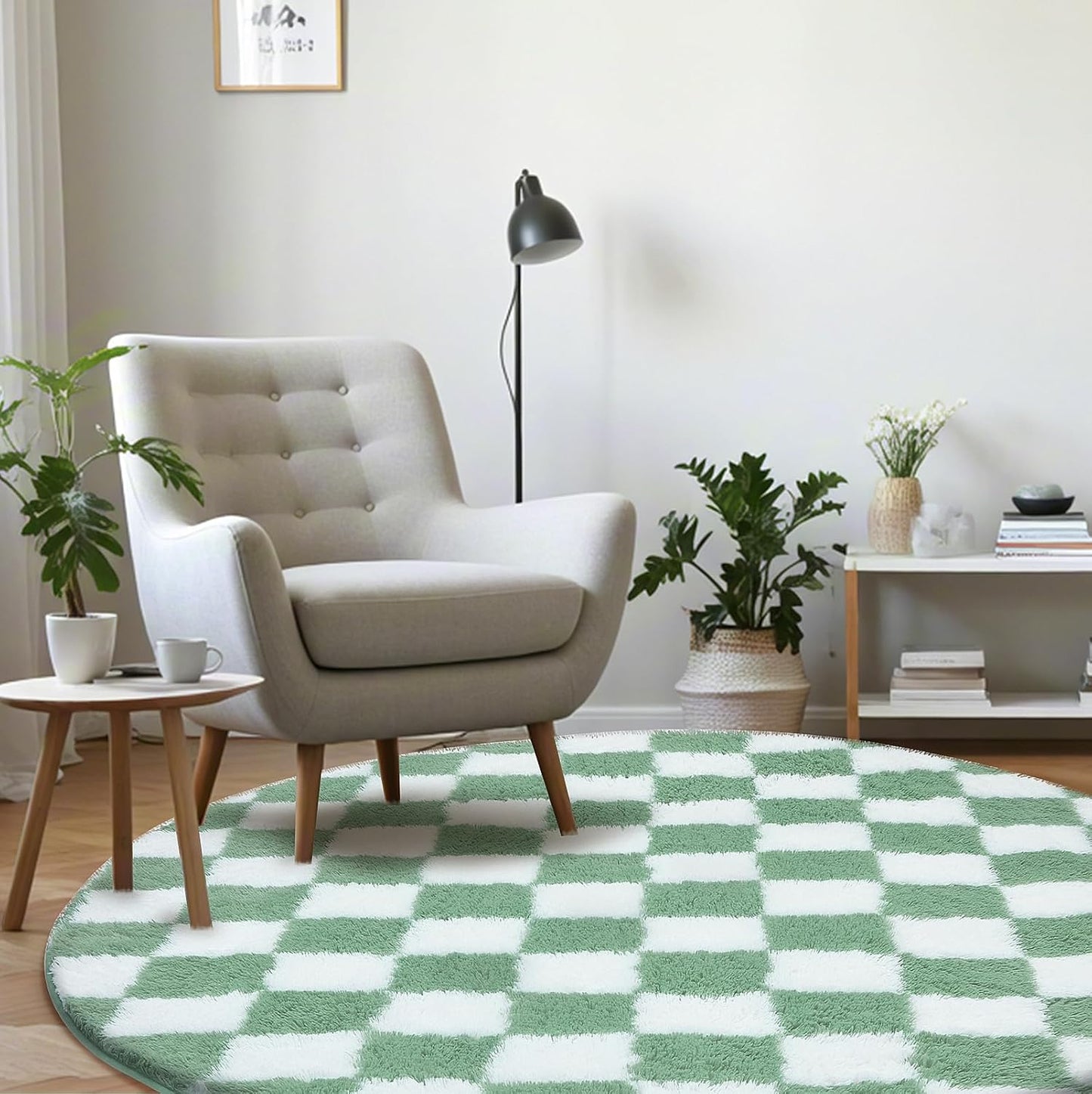 Super Soft Rug, Round Rug for Bedroom, 4X4 Ft Sage Green and White Checkered Round Rug Non-Slip High Pile Cute Soft Fluffy Rug for Living Room Bedroom Kids Room