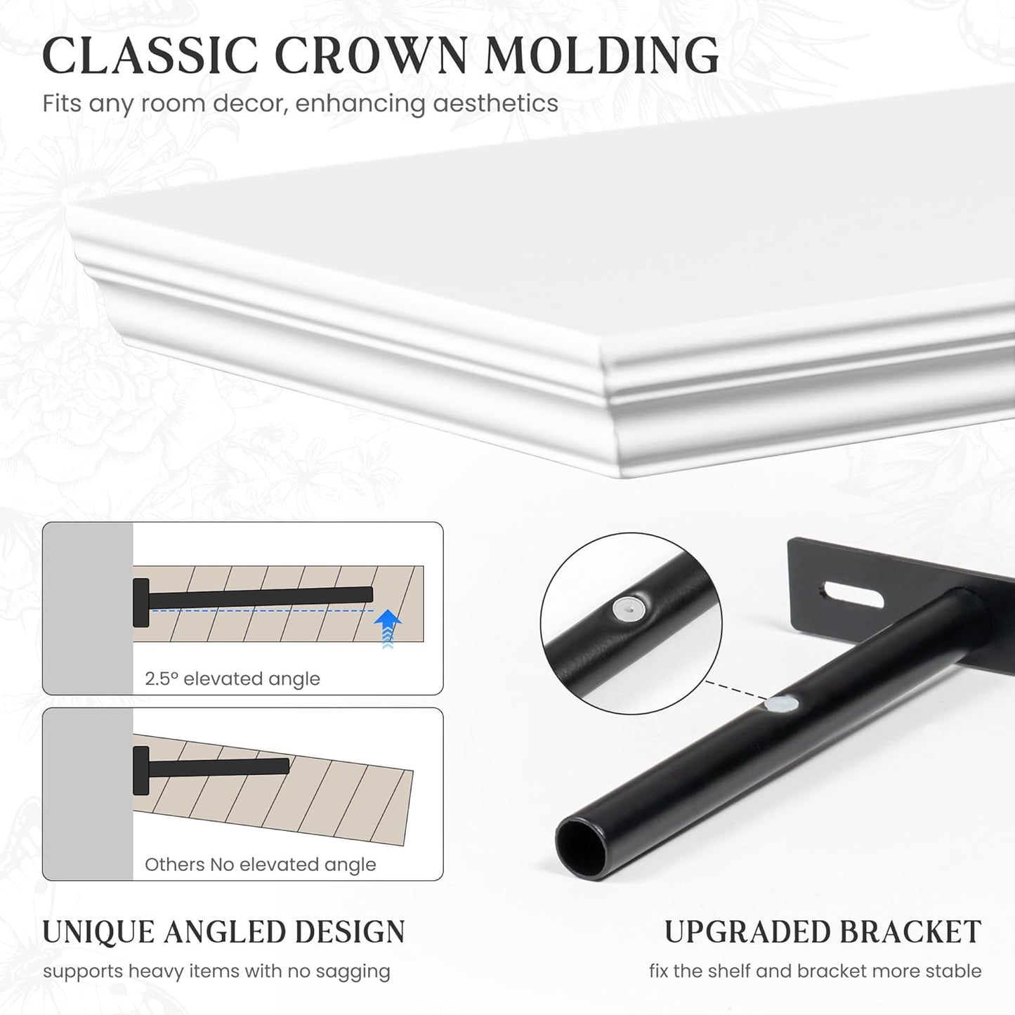 Fun Memories Floating Shelves 32 Inch Long, 9.3 Inch Deep Classic Crown Molding Floating Shelves for Wall, Rustic Wooden Shelves for Wall Decor Bathroom, Kitchen, Office, (White, 2Pack)
