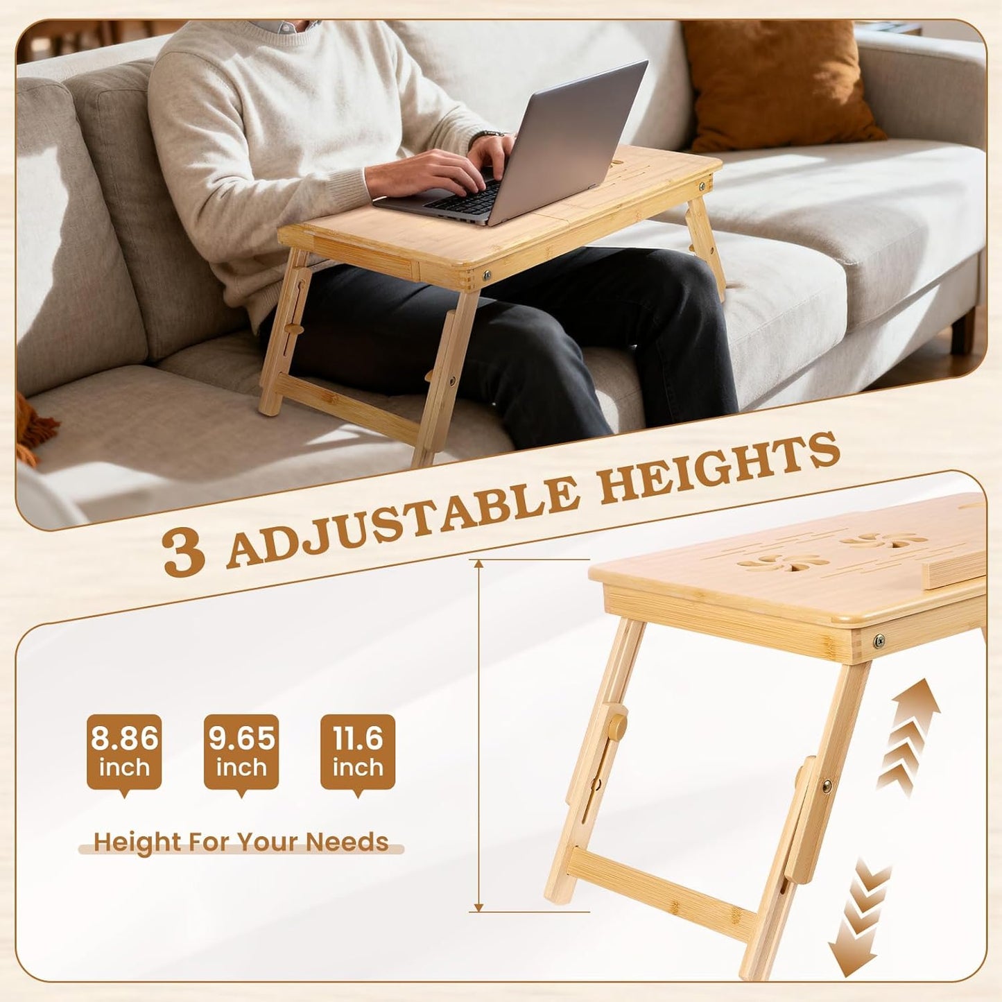 Bamboo Laptop Lap Desk with Vent, Folding Lap Tray Table with Adjustable Height, Tilting Top and Drawer, Portable for Bed Couch Working Reading Writing