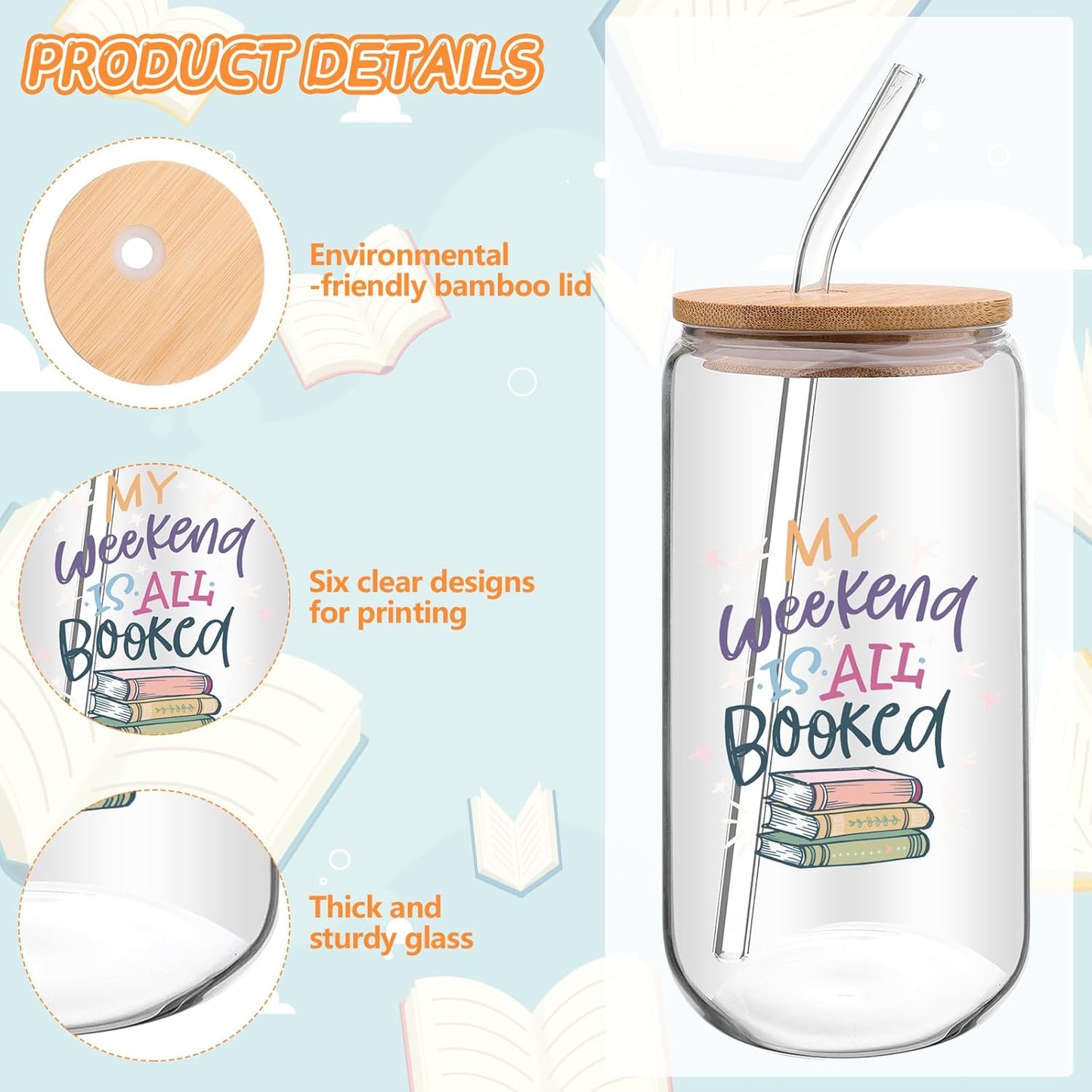 6 Pcs Book Lover Gifts 16 oz Glass Cups with Lid Straw Iced Coffee Glass Tumbler Library Reading Drinking Cups Reader Gift Book Club Appreciation Gifts for Teacher Employee Volunteer Librarian Nurse