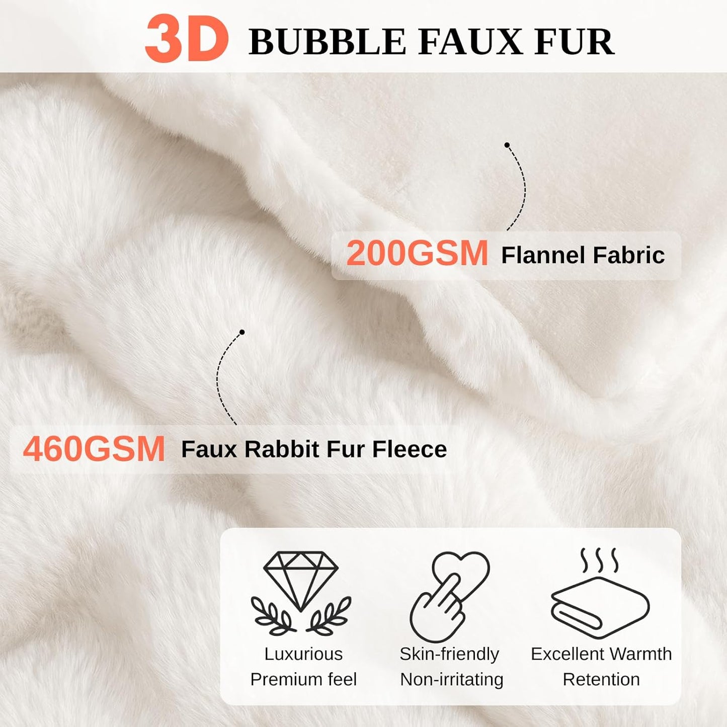 Electric Heated Blanket Throw 50"x60" White Ultra Soft Luxury Fluffy Faux Rabbit Fur Machine Washable 6 Heat Settings 4 Hours Auto Off Overheat Protection for Home Office Use