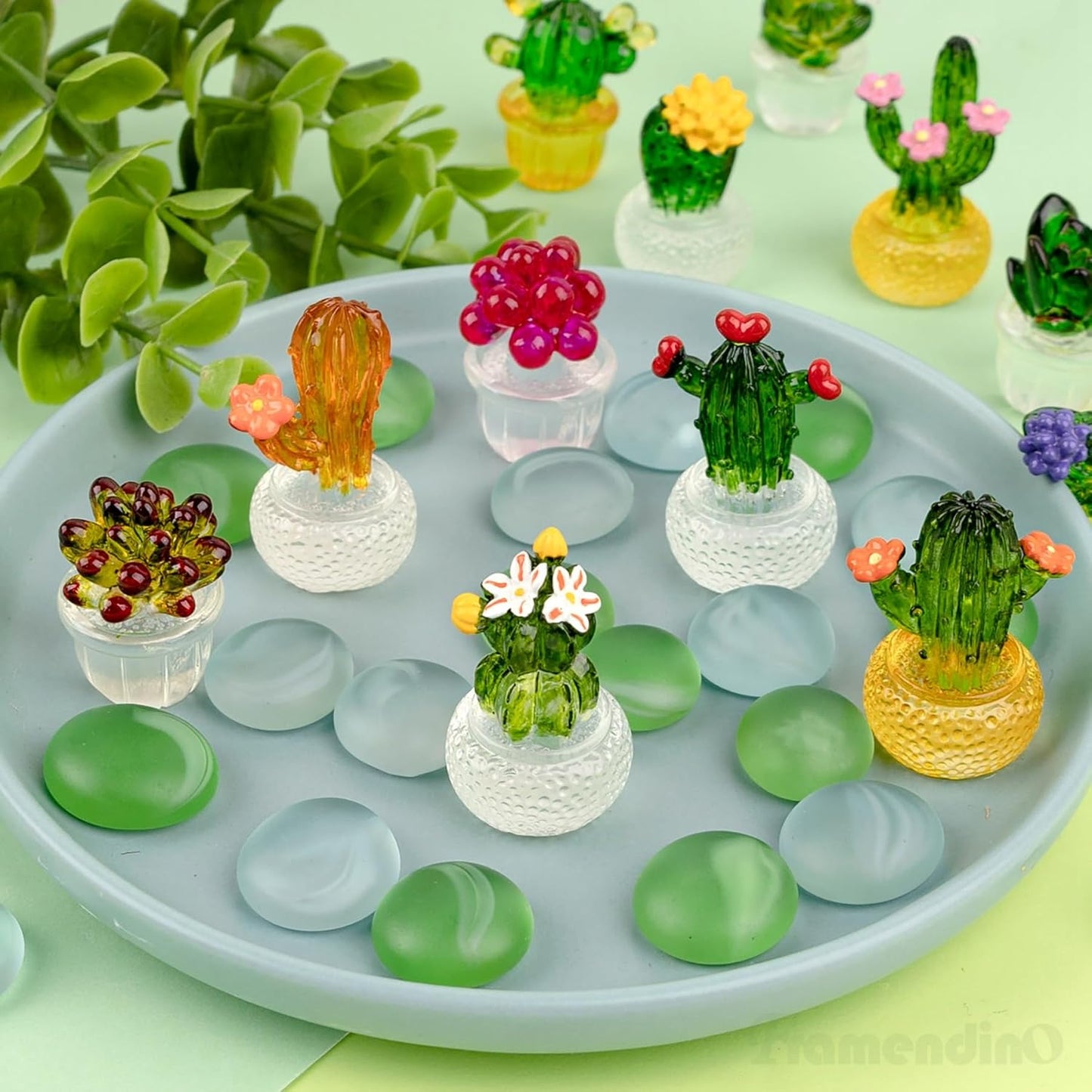 Framendino, 12 Pack Miniature Cactus Figurines Mini Resin Succulent Set Glass Sculpture for Car Interiors Desktop Home Decorations