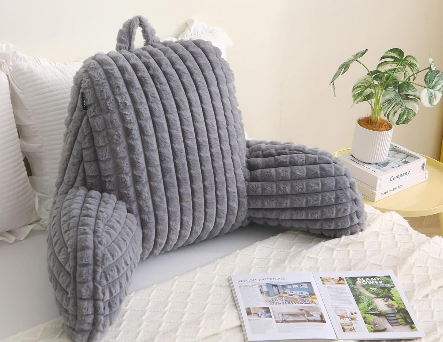 Faux Rabbit Fur Reading Pillow with Arms,Removable Cover, Adjustable Shredded Foam Filling,Bed Rest Back Pillow for Reading,Watching TV,Gaming–Grey