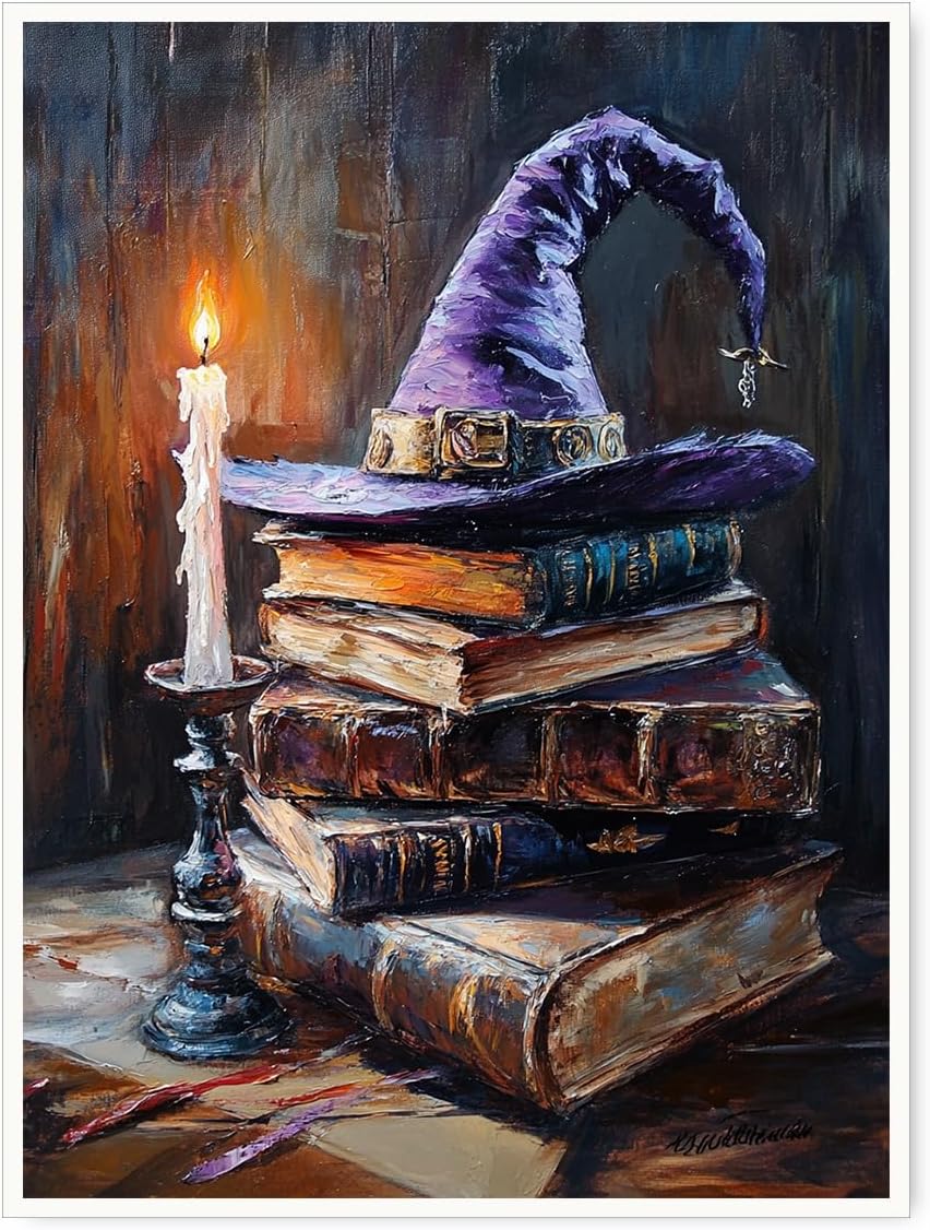 Witch Hat and Antique Books Wall Art Print – Magical Candlelight Painting for Witchcore Academia or Halloween Library Decor Vintage Fantasy Aesthetic 12x16in Unframed