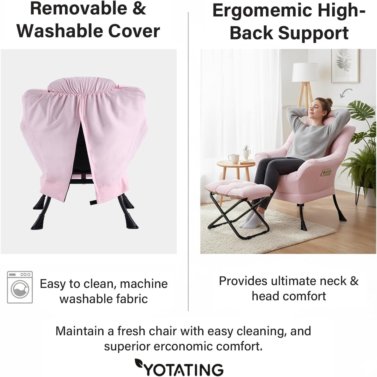 Lazy Chair with Ottoman, Modern Accent Leisure Sofa Chair with Footrest Stool & Throw Pillow, Modern Lounge Chair with Armrests for Living Room, Pink