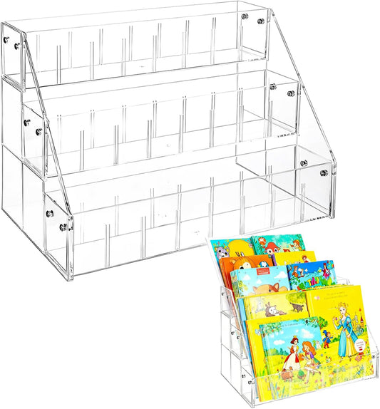 Small Bookshelf 3-Tier Clear Acrylic Book Display Organizer Front Facing Toddler Montessori Style Book Shelf Durable Bookcase for Nursery Room, Playroom, Classroom, and Reading Corner