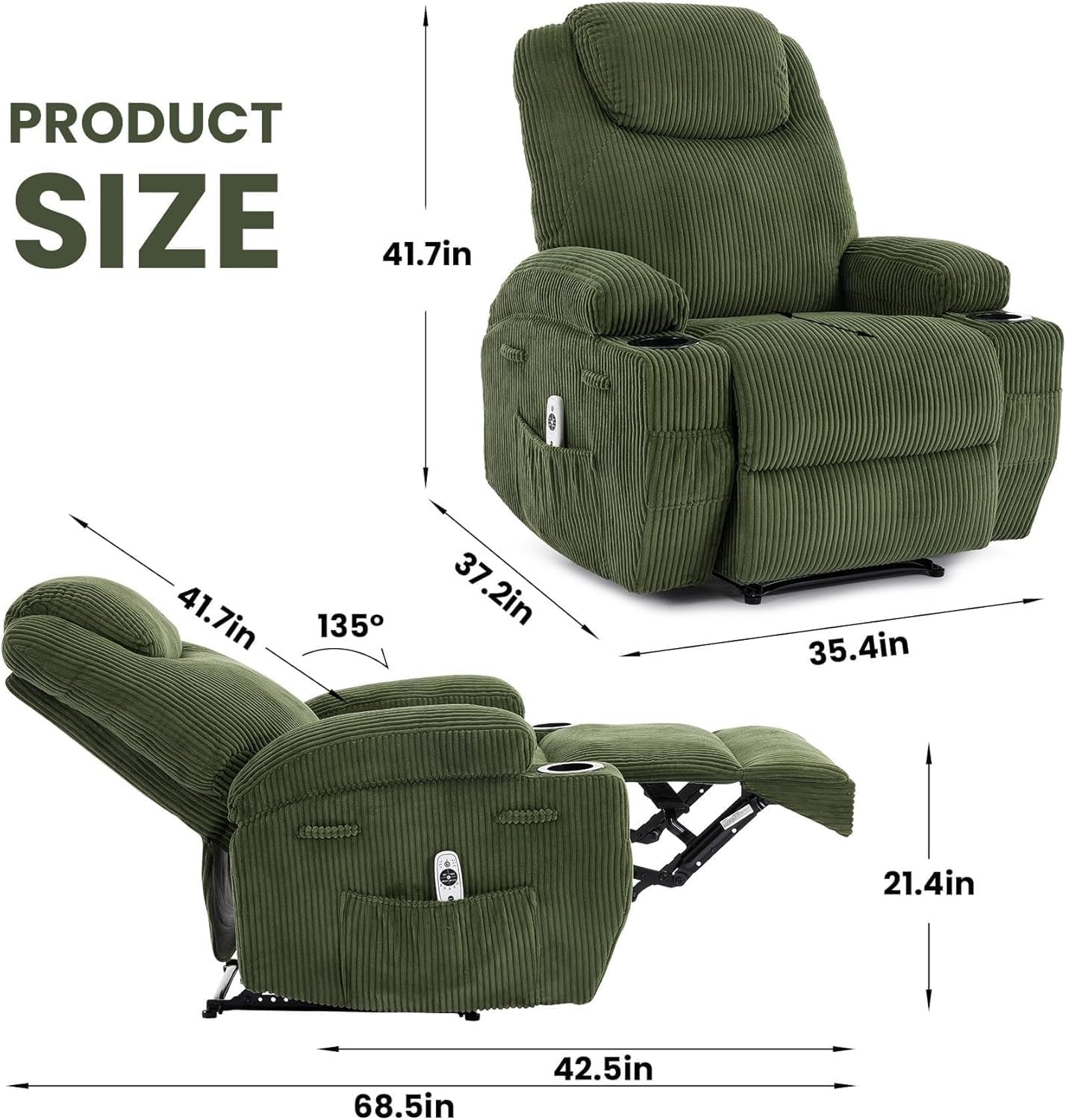 Green Corduroy Power Recliner Chair with Heat Massage 8-Point Vibration Dual Cup Holders Side Pocket Metal Frame Electric Chairs for Living Room Bedroom Home Theater