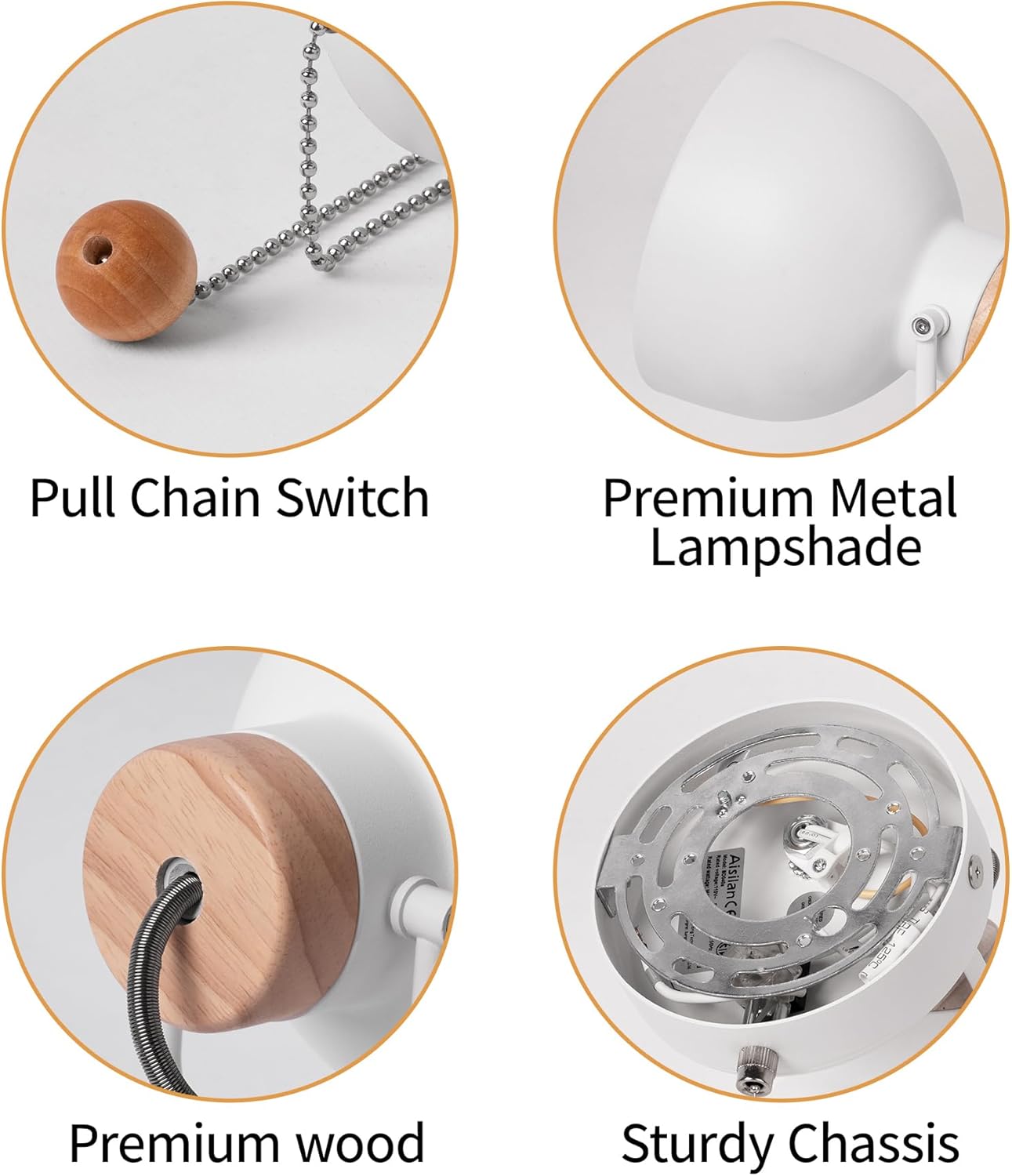 Aisilan Wall Sconce with Pull Chain White Metal Wall Light for Bedside Wooden Indoor Wall Mounted Lamp with E12 Bulb Hardwire Wall Sconces for Bedroom Living Room Hallway Office 3000k Warm White