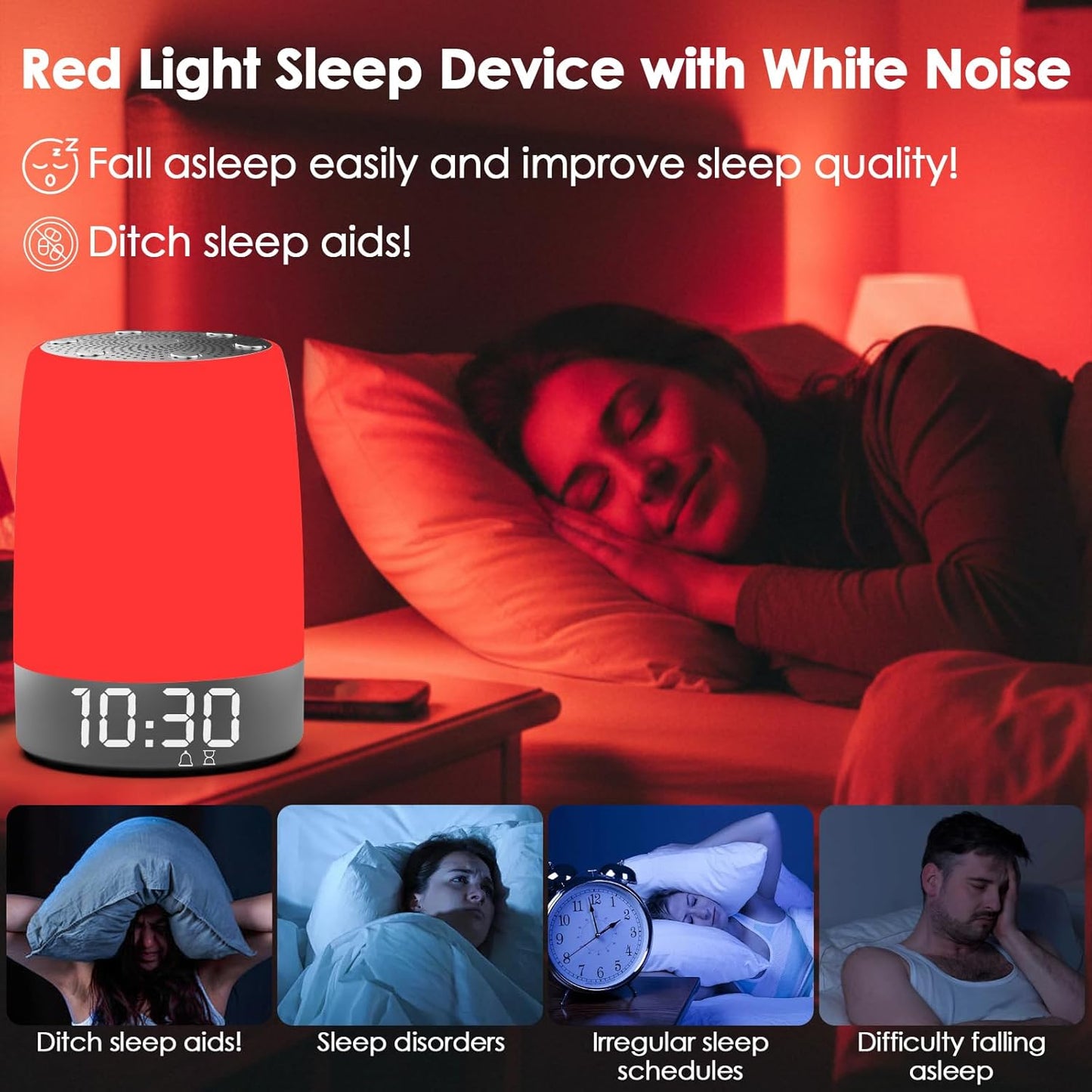 Red Light Therapy Sleep Device with 5-Level Red Light Therapy (620–690nm), 32 White Noise, Smart App Control, Night Light to Support Deep Relaxation and Improve Sleeping for Adult & Kid
