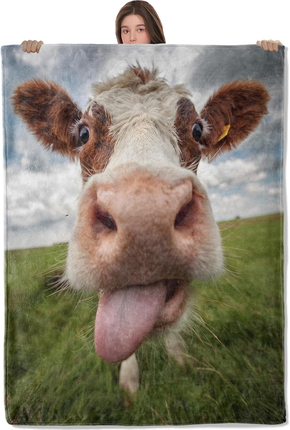 Cow Blanket, Lightweight All Seasons Warm Throw, 50x60 Inch Funny Realistic Flannel Blankets, Playful Farm Animal and Grassland Print Home Decor Accent and Gifts for Sofa, Bedding