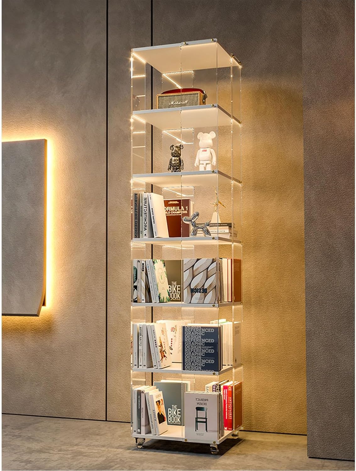 3/4/5/6 Tier Rolling Bookcase Rotating Bookshelf Tower 360 Degree Revolving Bookcase Transparent Acrylic Freestanding Spinning Bookshelf With Wheels 360° Spinning Bookshelf Tower For Bedroom,Living Ro