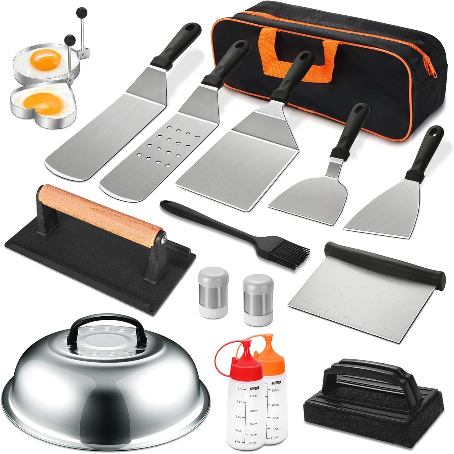 18PCS Griddle Accessories Kit, Flat Top Grill Accessories Set for Blackstone and Camp Chef, Grill Spatula Set with Enlarged Spatulas, Basting Cover, Scraper for Outdoor BBQ