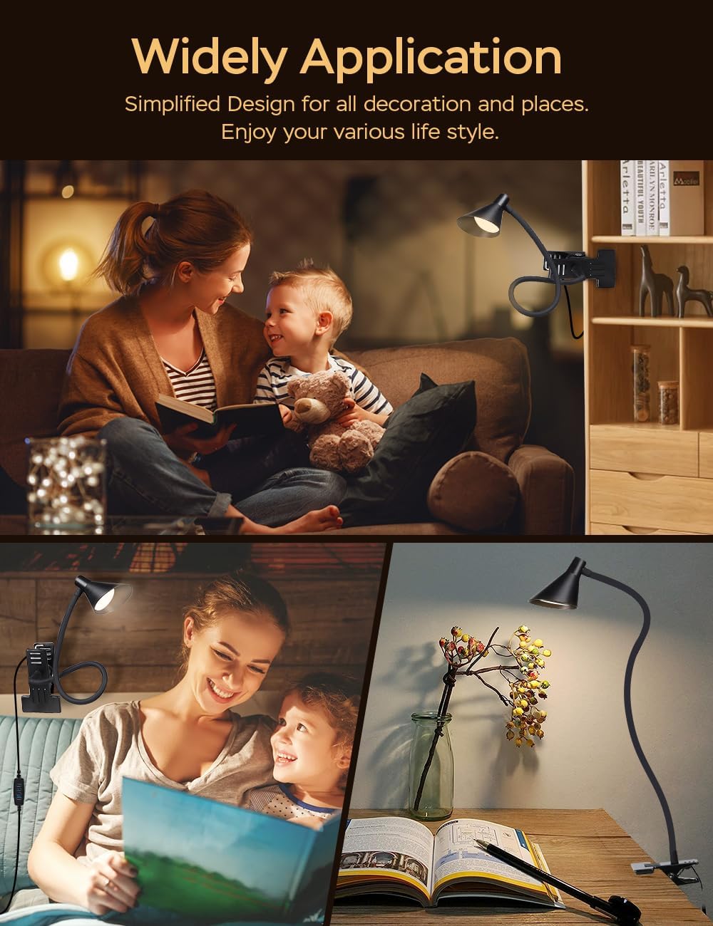 Clip on Light USB Reading Light 3 Color Modes 10 Brightness Levels Eye Care Clamp Light Flexible Gooseneck Dimmable Reading Lamp Clip on Lamp for Bed Headboard Desk Bedside Dorm (Black)