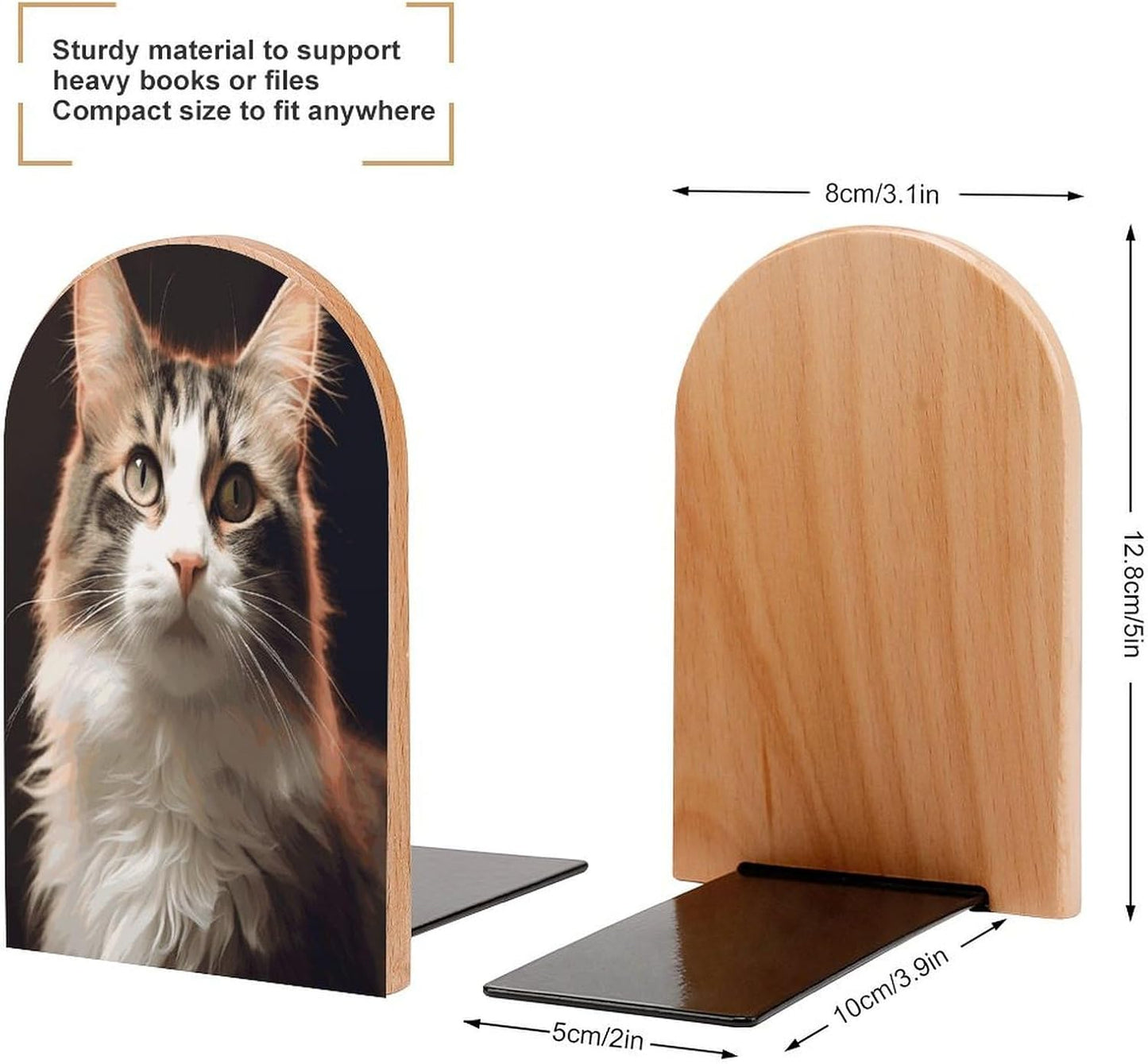 Cat Bookends 1 Pair Heavy Duty Book Ends for Shelves Non-Skid Bookend Supports Wooden Book Holders with Metal Base Desk Organizers Books Storage to Hold Books