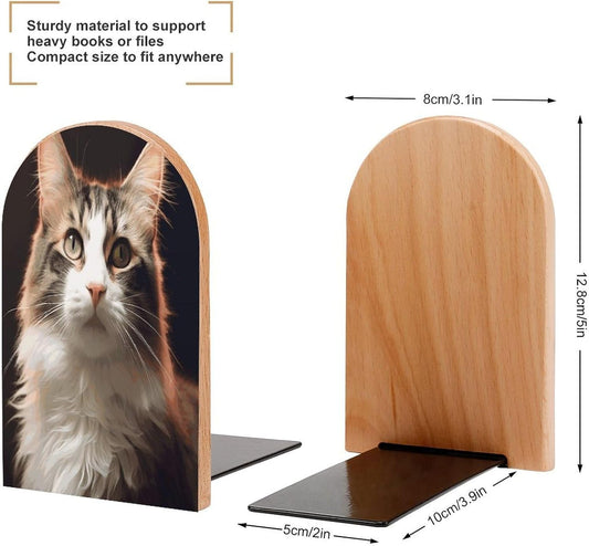 Cat Bookends 1 Pair Heavy Duty Book Ends for Shelves Non-Skid Bookend Supports Wooden Book Holders with Metal Base Desk Organizers Books Storage to Hold Books