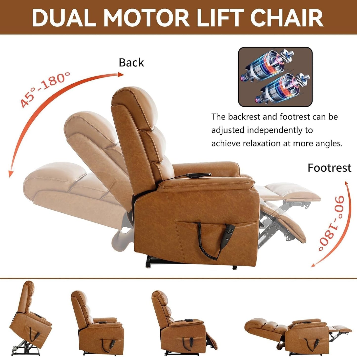 Luxury Dual Motor Power Lift Chair for Elderly, Infinite Position Recliner with Heat and Massage, Breathable Leather High Back Sofa with Remote Control for Living Room