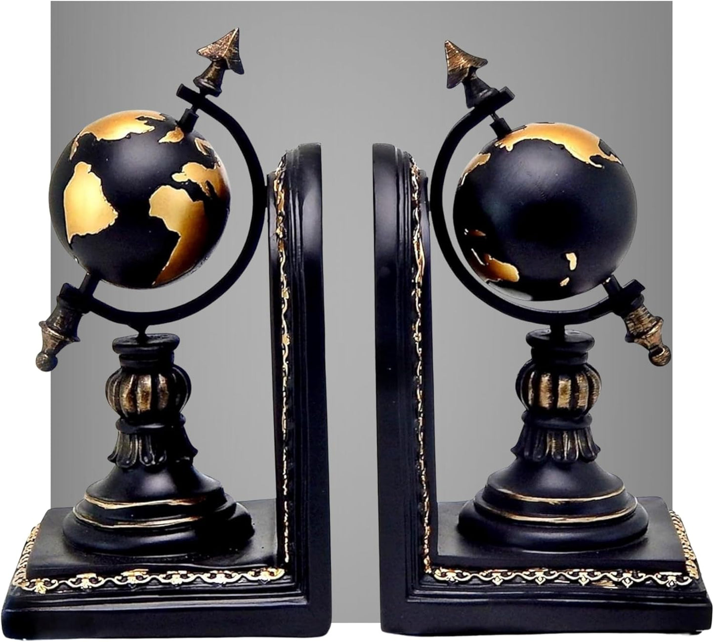 Bellaa Decorative Bookend Globe Arrow Armillary Atlas Celestial Sphere Astronomy Art Vintage Statues Book Ends Heavy Duty Shelf Supports Shelves Stoppers Holder Nonskid
