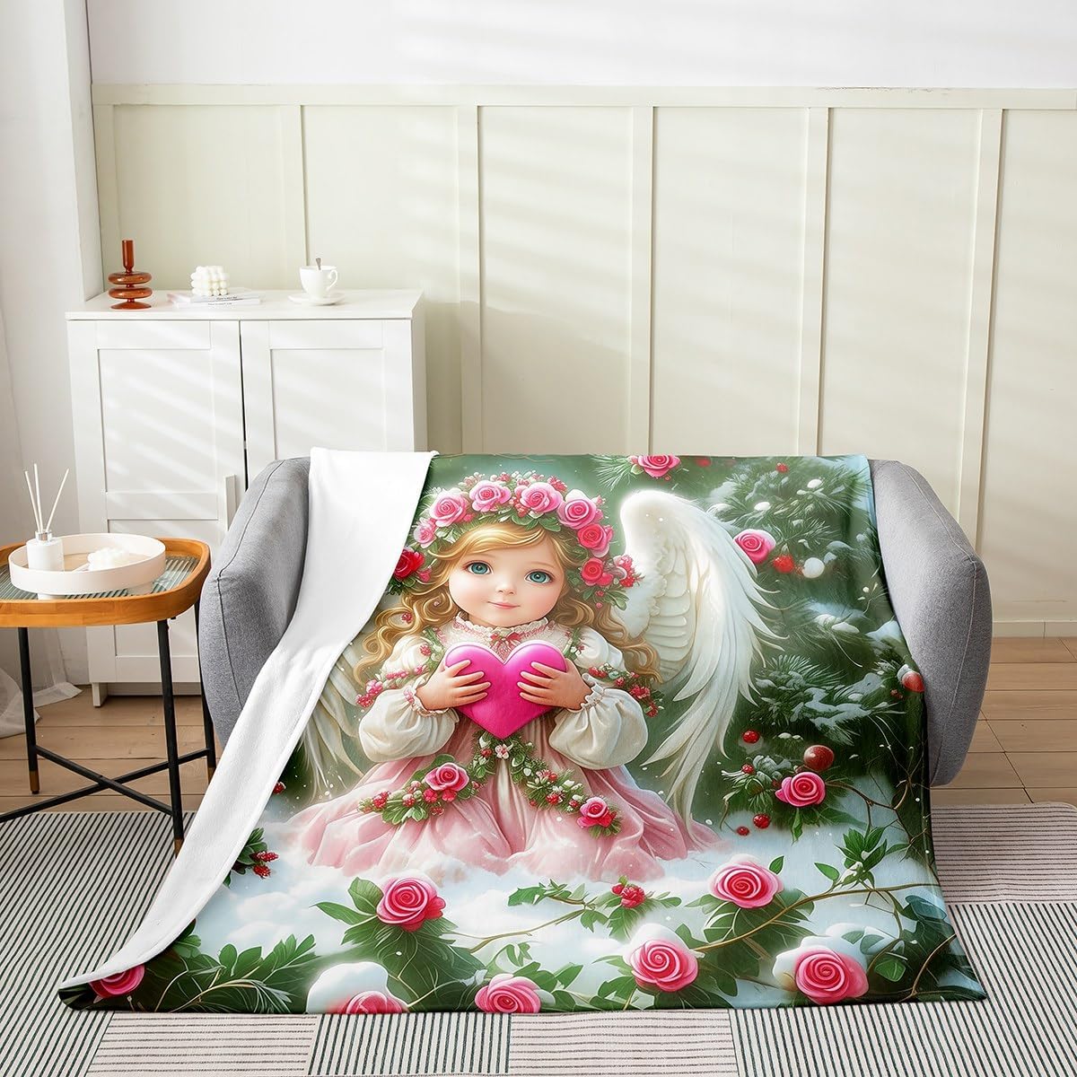 Erosebridal Cute Angel Blanket Throw 50x60, Romance Valentine'S Day Throw Blanket For Kids Girls Boys, Pink Love Flowers Couple Soft Fleece Blanket For Sofa Bed Couch, Floral Leaves Cozy Fuzzy Blanket