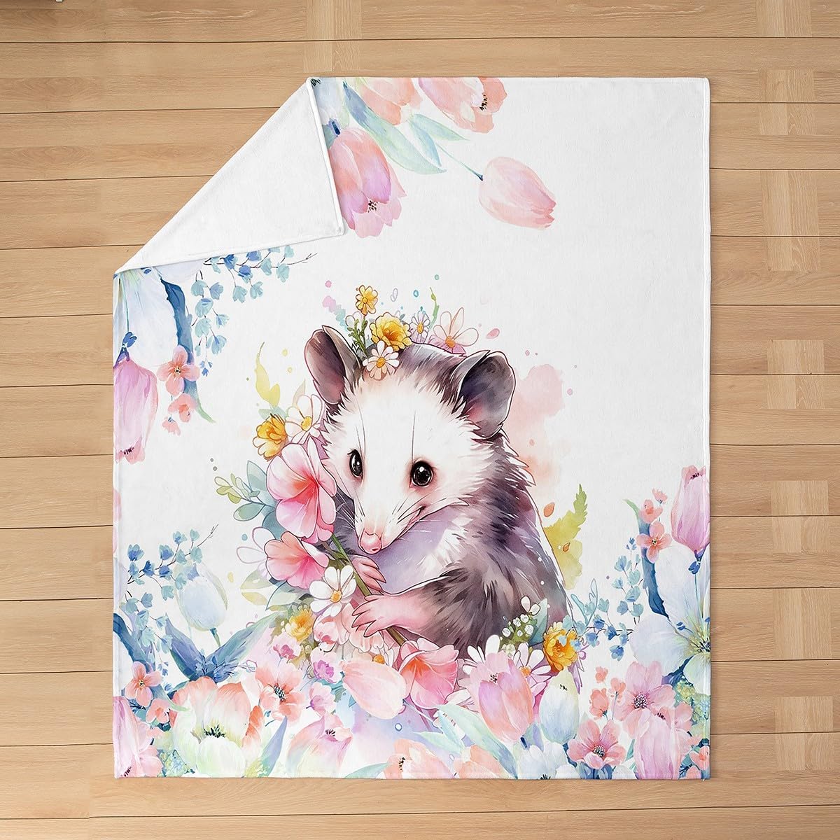 Feelyou Cute Opossum Flannel Fleece Throw Blanket Baby 30"x40" Boy Girl Cartoon Animal Theme Plush Blanket Flower Floral Print Fuzzy Blanket Farmhouse Zoo Wildlife Style Decor All Season Bed Blanket