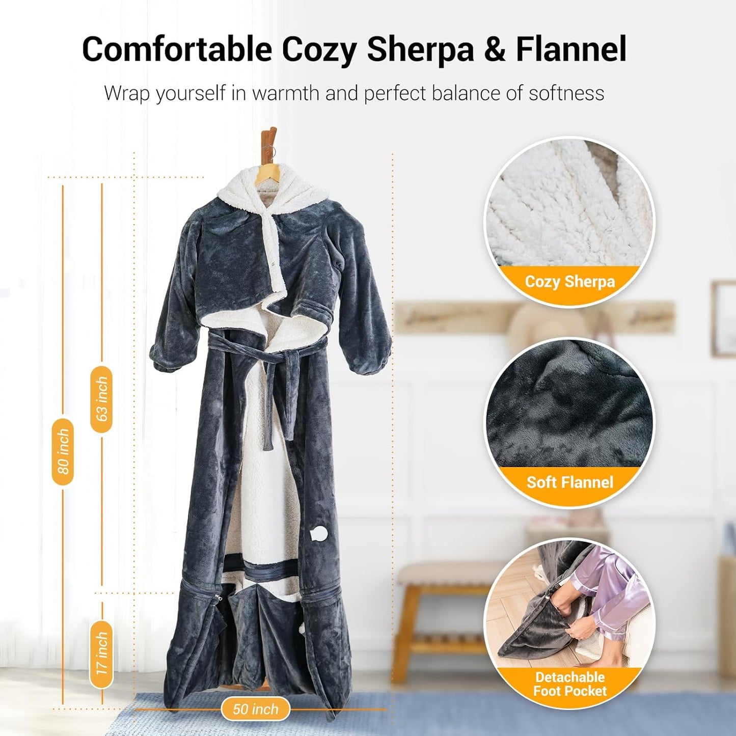 Wearable Heated Blanket for Women with Removable FootPocket,Electric Snuggle Heated Blankets Hoodie with Sleeves Heated Robe Flannel & Sherpa Heating Throw Blanket Shawl with 9 Temp for Winter 50"x80"