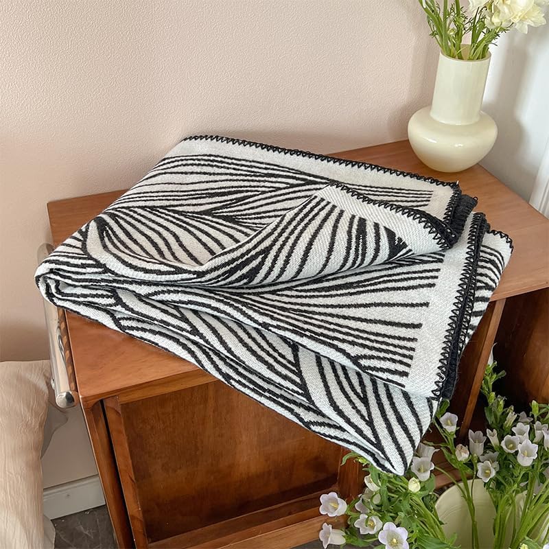 50x70 Inch Black and White Knitted Throw Blanket, Soft Patterned Lightweight Blanket for Couch, Sofa, Bed, Living Room Accent
