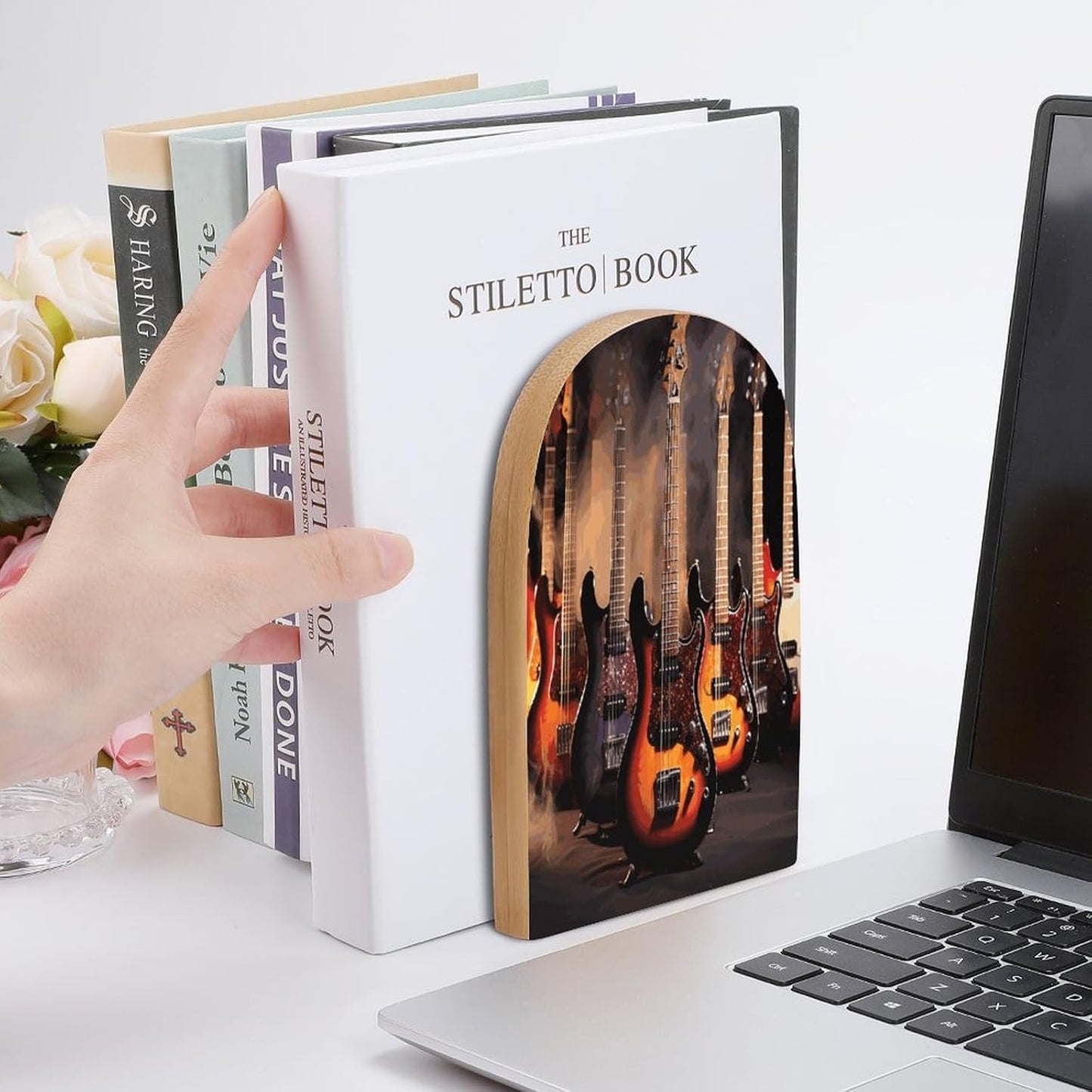 Cool Electric Guitar Bookend for Shelves Wooden Book End Large Size Sturdy Book Holders Stoppers with Metal Base for Bookshelves Slick Decorative Bookends Stands