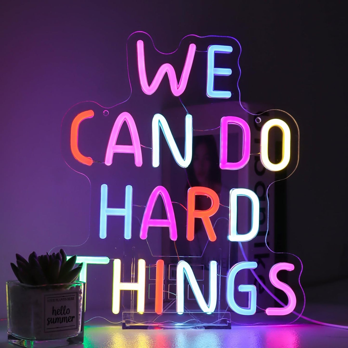 We Can Do Hard Things Neon Sign for Teachers – Dimmable Multicolor Letter Classroom Light with Wired Dimmer, 11.4×12.8 in, Includes 4 Wall Anchors – Back to School Teacher Gift