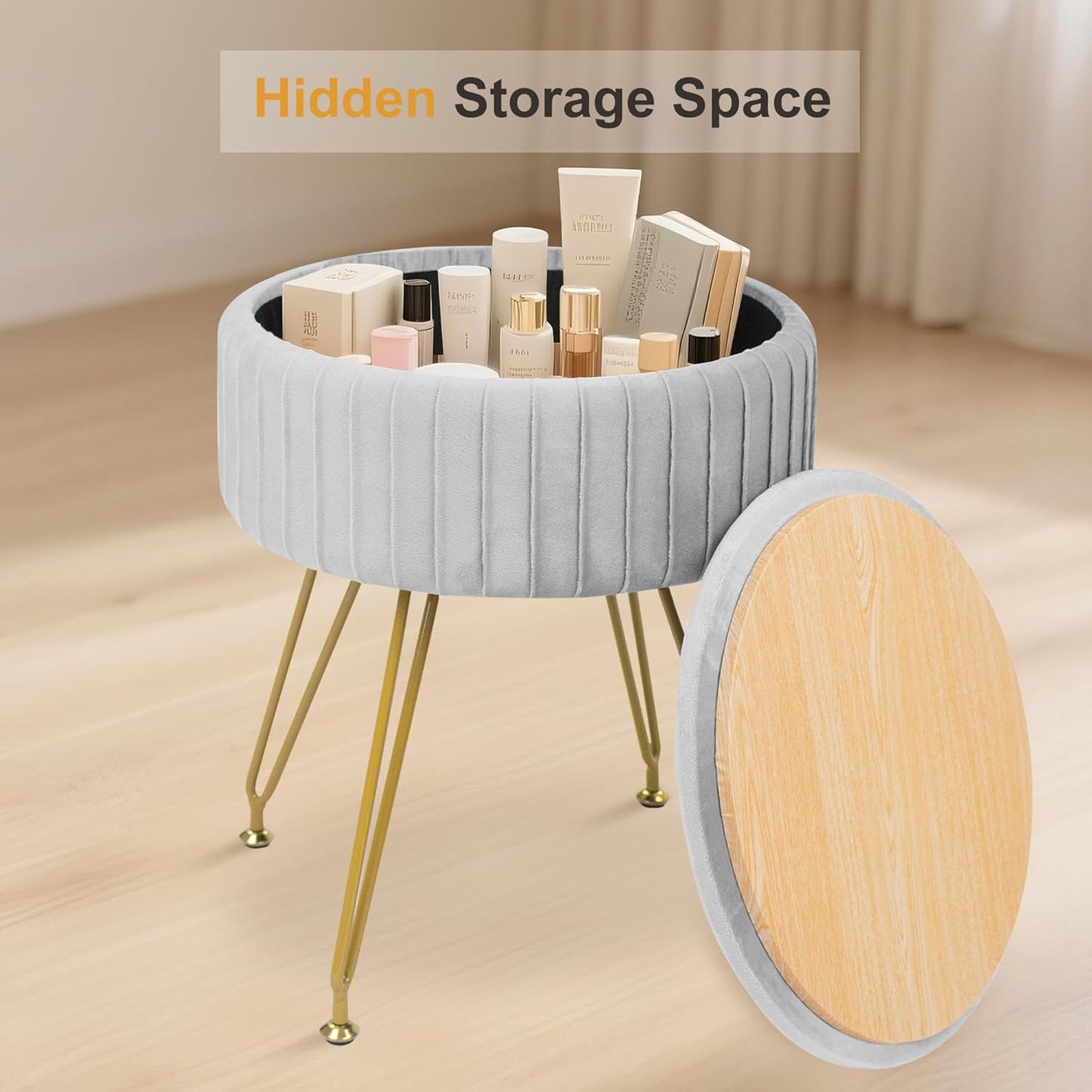 Round Vanity Stool with Storage Ottoman,Vanity Chair for Makeup Room with Removable Cover, Small Footrest Ottoman for Home, Living Room, Bedroom (Grey)