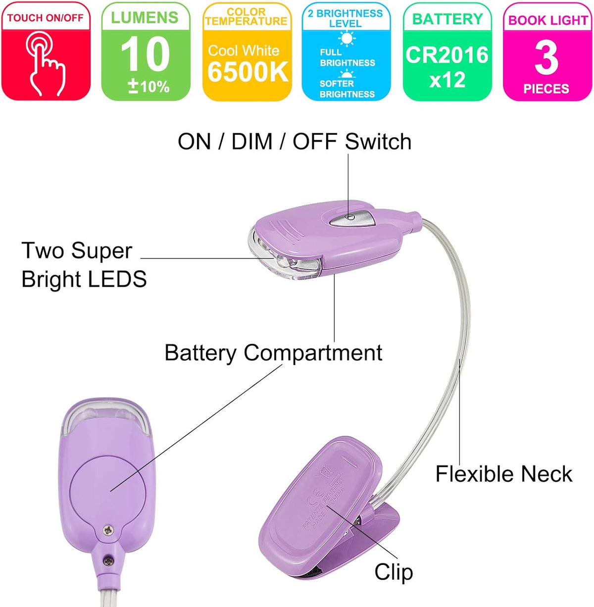 Book Light for Kids Clip on Book Lights for Reading in Bed Book Lamp Portable LED Reading Light with 360° Flexible and 2 Brightness (3Pack Mini Reading Lights)