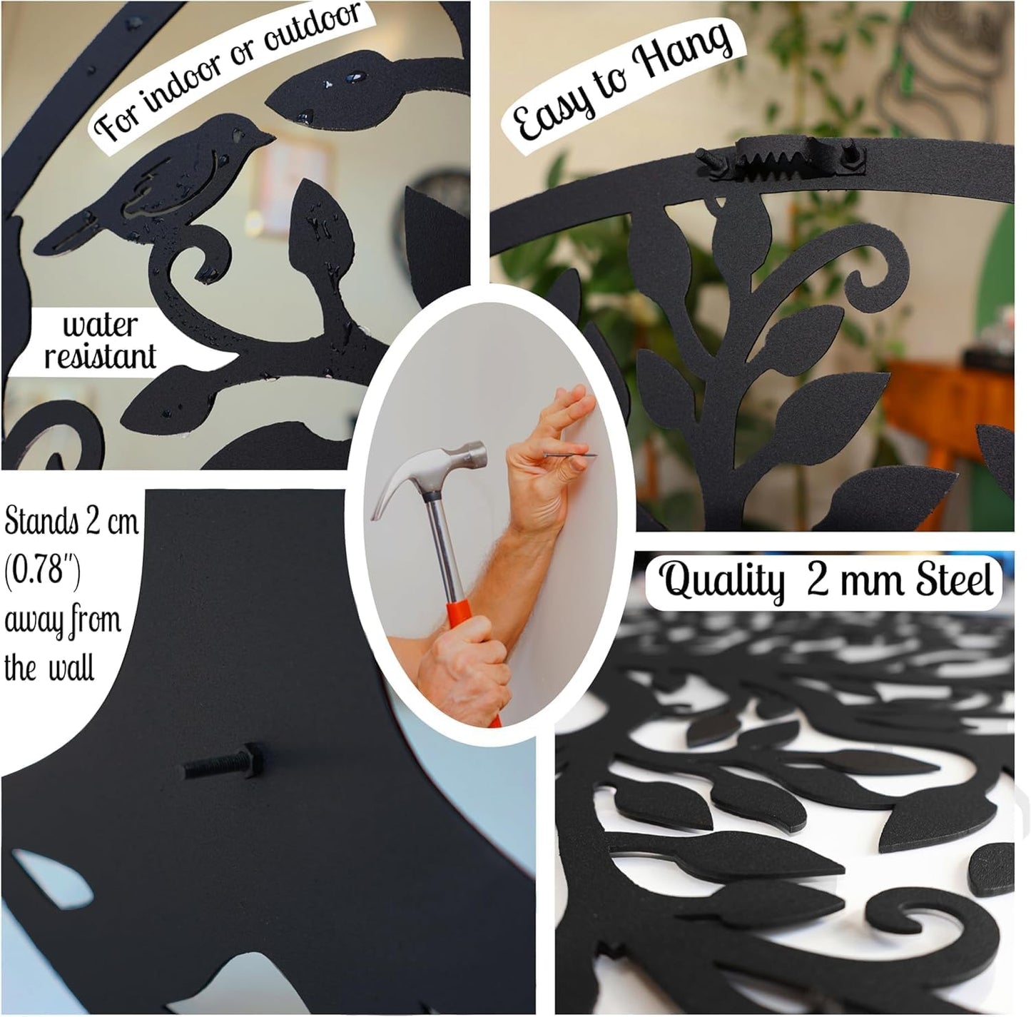 Metal Wall Art, Birds on Branch 3 Pieces, Tree Wall Art, Tree Sign, Wall Decor, Interior and Outdoor Decoration, 3 Panels Wall Hangings (40"W x 13"H / 102x33cm)
