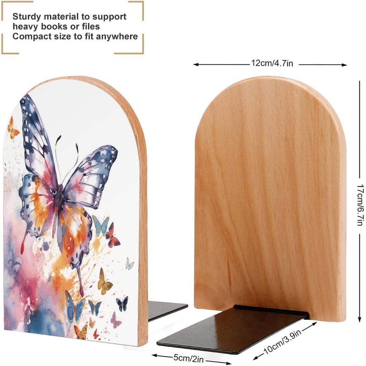 Watercolor Butterfly Bookend for Shelves Wooden Book End Large Size Sturdy Book Holders Stoppers with Metal Base for Bookshelves Slick Decorative Bookends Stands