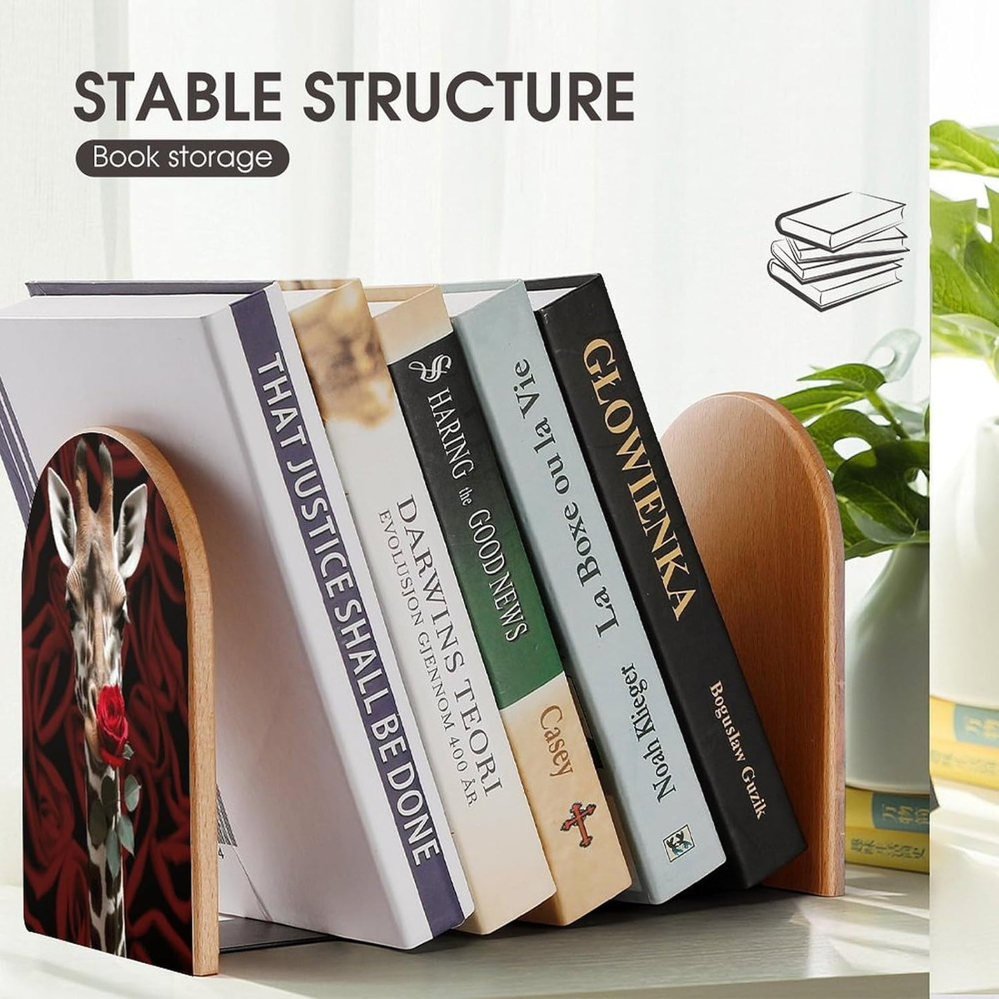 Non-Slip Bookend for Shelves Giraffe Kissing Flower Wooden Bookends with Metal Base Decorative Book Stopper for Home Heavy Duty Wood Book Storage for Books/CDs