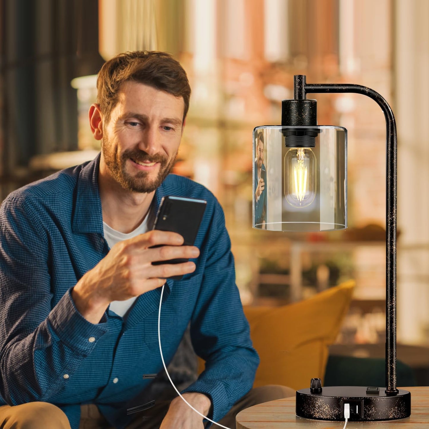 Set of 2 Industrial Table Lamps with USB Port, Rustic Black Fully Stepless Dimmable Bedside Lamps for bedrooms, Nightstand Desk Lamps with Clear Glass Shade for Reading Living Room Office 2 LED Bulb