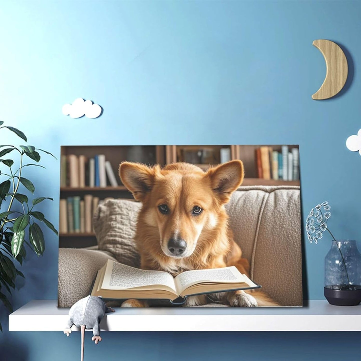 Canvas Wall Art Poster Personalized Pictures Print Reading Dog Wall Pictures Modern Art Canvas Painting Framed Artwork Aesthetic Poster for Living Room Bedroom Office Home Decor 8"x12"