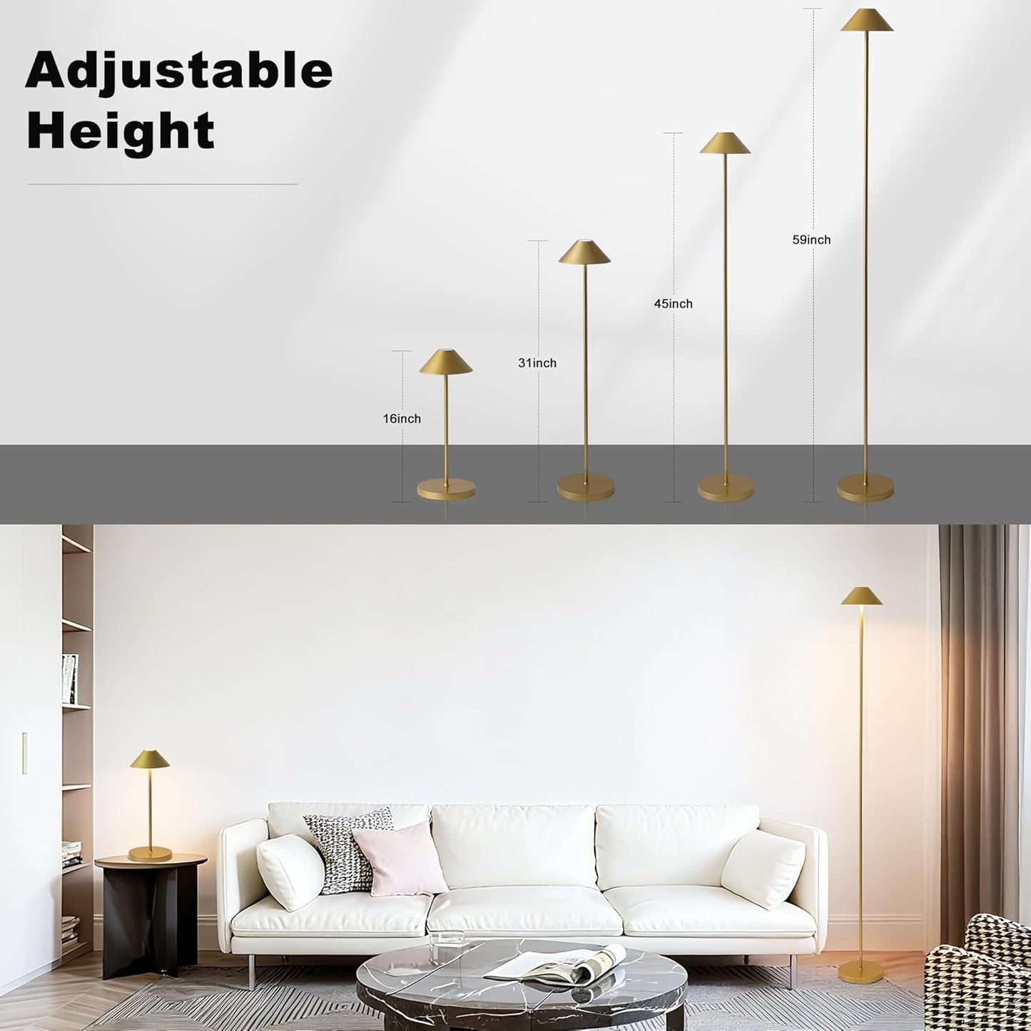 Rechargeable Floor Lamp for Indoor/Outdoor, Cordless Tall Standing Lamp with 3 Color Temps & Dimmable, IP43 Waterproof, Adjustable Height 16-59 Inch, LED Floor Lamp for Living Room, Patio(Gold)