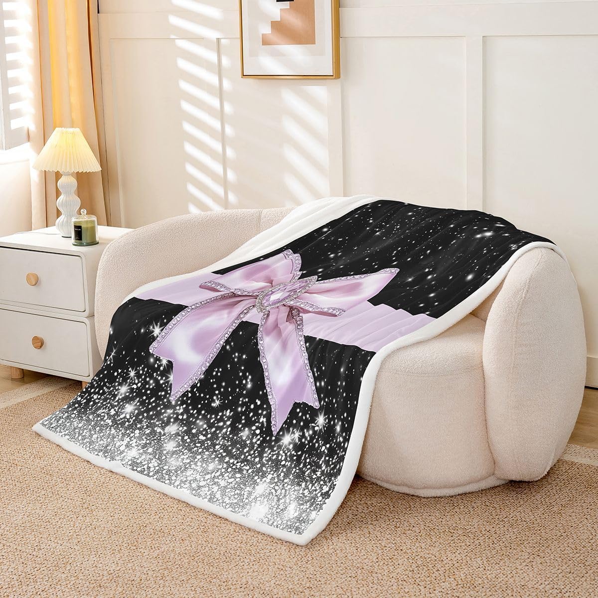Feelyou Bow Throw Blanket Black Pink Soft Fleece Sherpa Cozy Fuzzy Plush Warm Glitter Fuzzy Plush Throw Pastel Baby 30"x40" Bow Knot Accent for Bed Couch Living Room