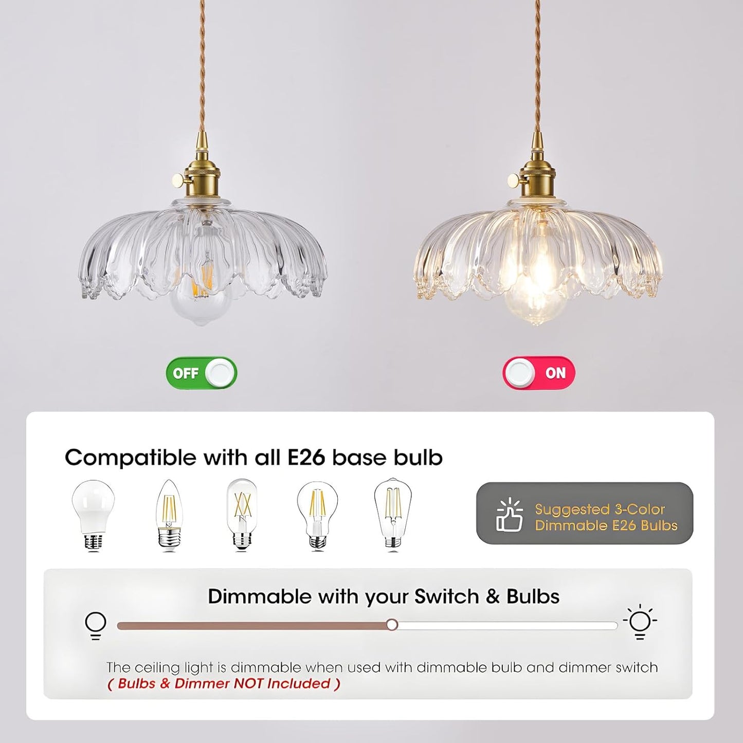 Plug in Pendant Light, Hanging Lights with Plug in Cord, Hanging Light Fixture with Green Glass, E26 Pendant Lighting for Kitchen Island, Bedroom, Dining Room-Clear