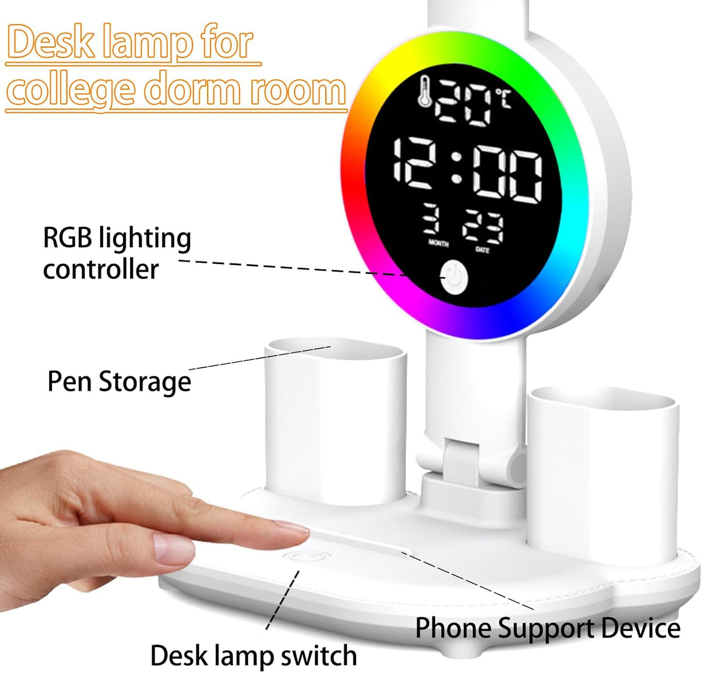 Led Desk Lamp, Desk Lamp with Usb Charging Port, Dimmable 3 Colorful Lights, Adjustable Folding with Clock Date, Pen & Phone Holder, Temperature, Home Office Bedroom Reading Study Work (White)