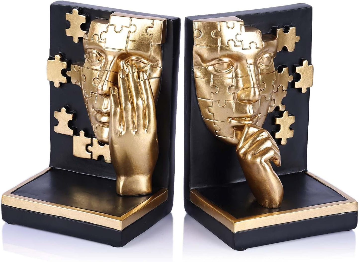 Abstract Decorative Bookends, Thinking Man Statue for Shelves, Heavy Bookends for Large Books, Handcrafted Resin Art for Home and Office Decor, Aesthetic Desk Organizer for Bookshelves (Black Gold)