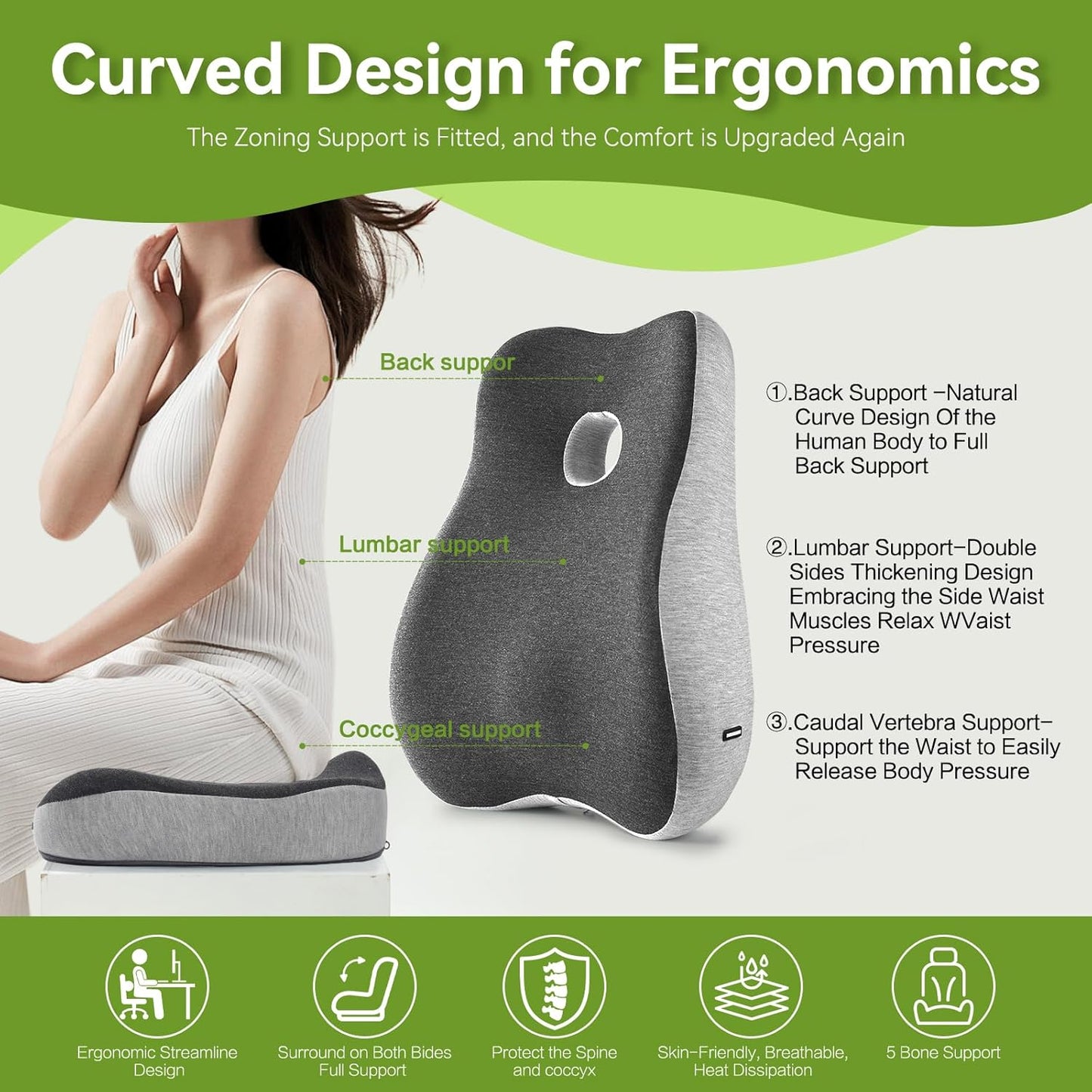 Seat Cushion & Lumbar Support Pillow Set for Office Chair, Back Pain, and Tailbone Discomfort with Lumbar Support Pillow and Seat Cushion - Perfect for Home, Office, and Gaming Chairs Chair Cushion