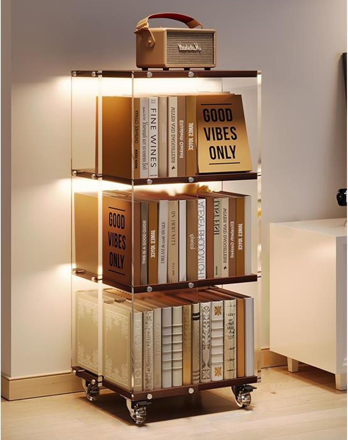 3/4/5/6 Tier Rotating Bookshelf Tower 360° Floor Standing Bookcase Storage Rack 360 Degree Revolving Bookcase Transparent Acrylic Bookshelf Rotating Bookcase With Wheels For Bedroom, Living Room(Fully