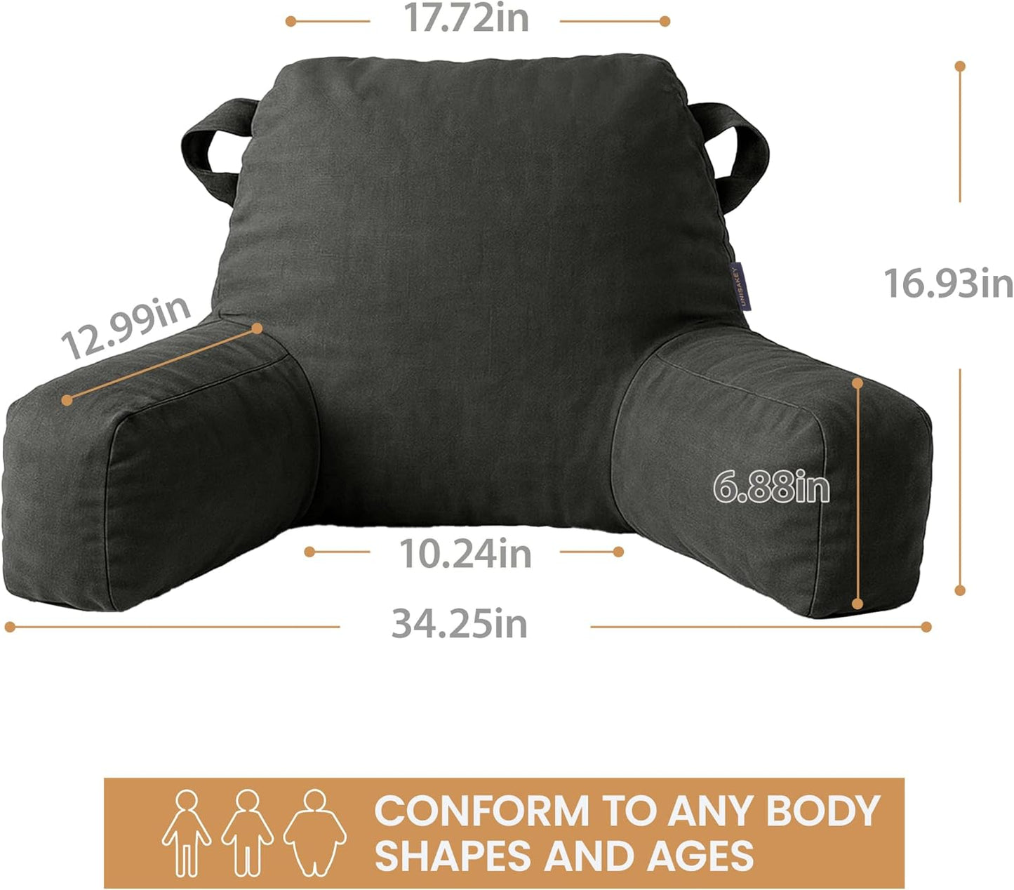 Portable Comfy Reading Pillows for Bed Sitting Up(Grey Oeko-Tex), Velvet Back Pillow with Arms & Pockets for Adults, Support Memory Foam Bed Pillow for Dorm/Reading/Watching/Gaming