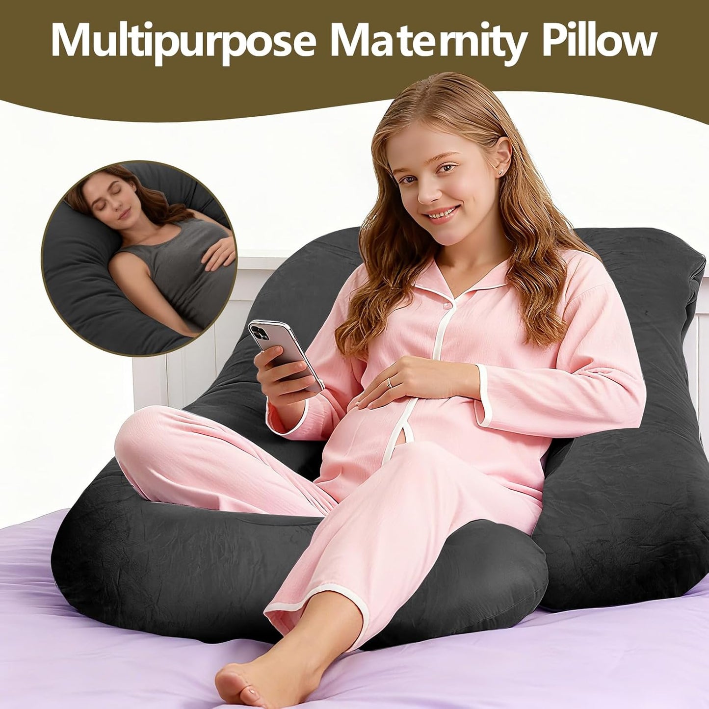 Pregnancy Pillow, G-Shape Full Body Pillow, Maternity Pillow for Side Sleeper, Pregnancy Body Pillow for Pregnant Women Suppor, Hip Relief with Washable Cover (Black)