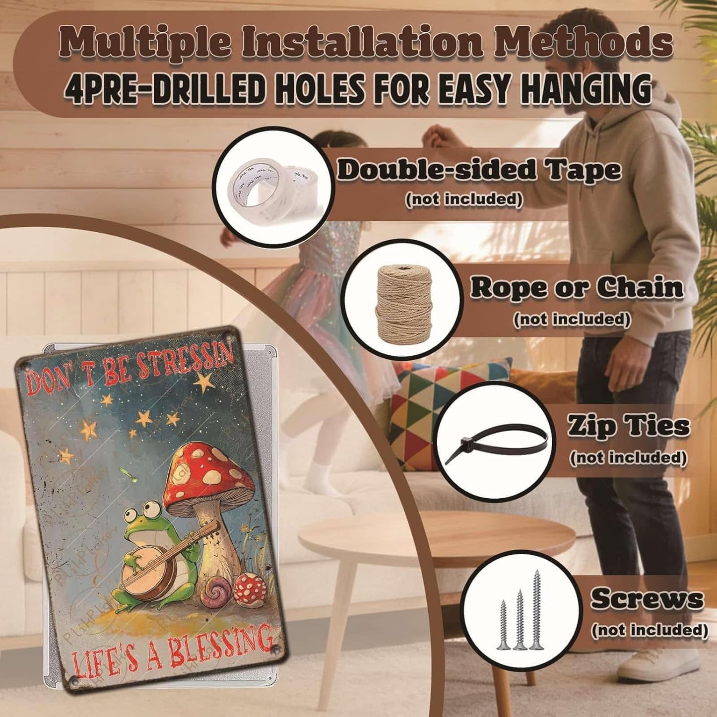 Frog Vintage Tin Sign Don't Be Stressin Life Is a Blessing Metal Tin Sign Inspirational Quotes Tin Sign For Coffee Shops Homes and Reading Rooms 8x12 Inch